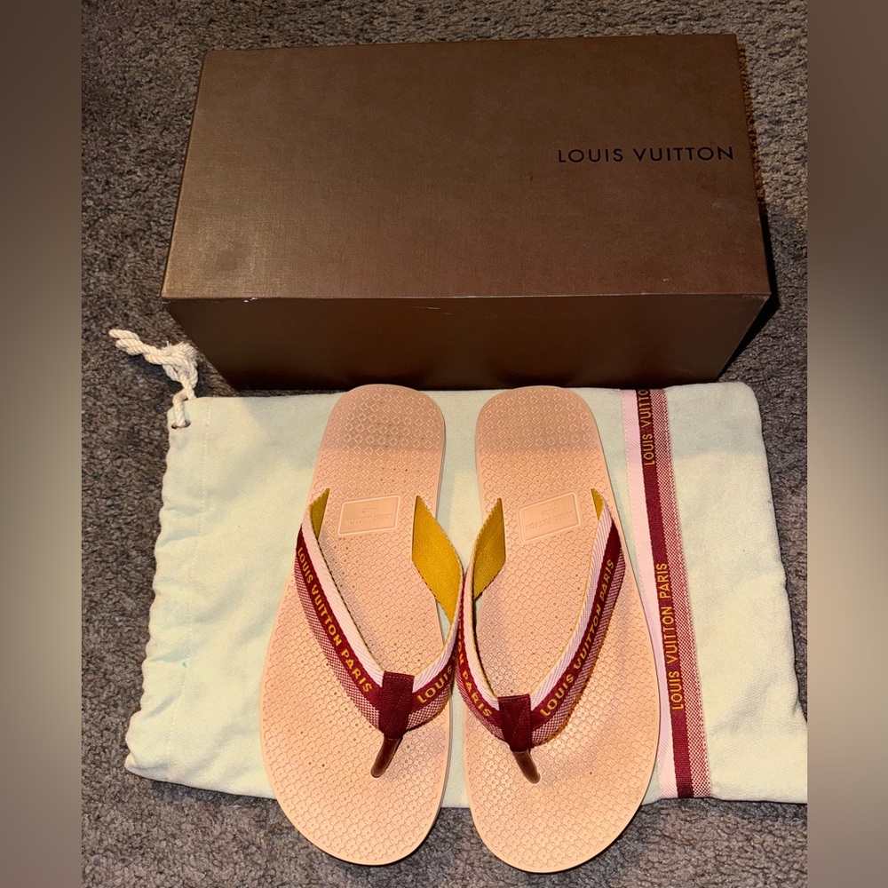 Louis Vuitton Pink and Burgundy Ribbon Flip Flop Sandals with Gold Accents